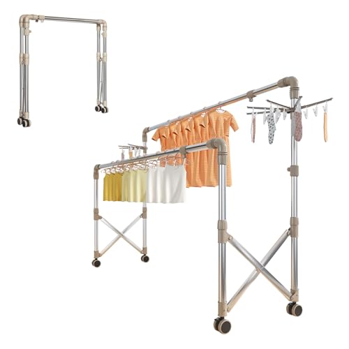 Tendales de Ropa Plegable Con Ruedas, Tendedero Vertical de Acero Inoxidable, Con Clips Para Calcetines, Diseño de Doble Barra, Para Interiores Y Exteriores, Tendedero de Ropa Extensible(160cm/63in)