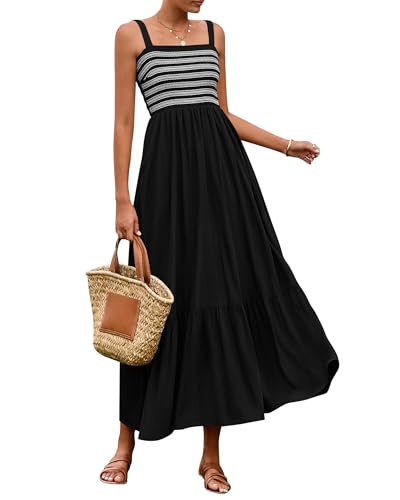 BTFBM Summer Midi Dresses for Women 2025 Spring Sleeveless Square Neck Smocked Flowy Long Beach Vacation Sundress Pocket