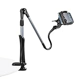 [Fácil de instalar] el phone holder está equipado con una almohadilla de Goma antideslizante, que no rayará la superficie del mobiliario. El grosor máximo del clip ajustable es de 7,5 centímetros, más ancho que la mayoría de los demás soportes del teléfono. Se puede fijar de forma segura a la cama, la mesita de noche y la Mesa.