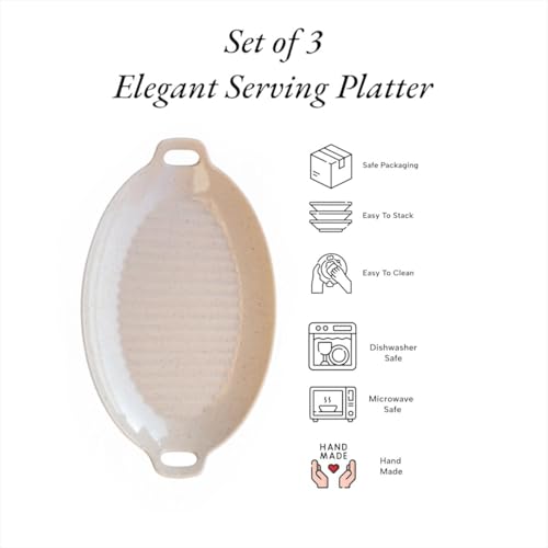 Image of Serving Platter | Melamine Snack Platter | Multi-Purpose Kitchen Serving Platter | Versatile Chip and Dip Tray for Snacks, Starters & Desserts | Lightweight & Dishwasher Safe | Set of 3 (CREAM)