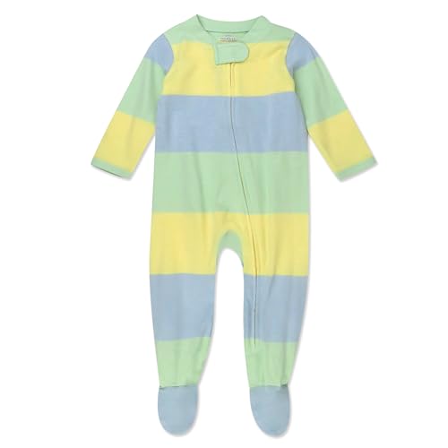 Image of HonestBaby Sleep and Play Footed Pajamas One-piece Sleeper Jumpsuit Zip-front Pjs Organic Cotton for Baby Girls, Unisex, Easter Stripe Blue, Newborn