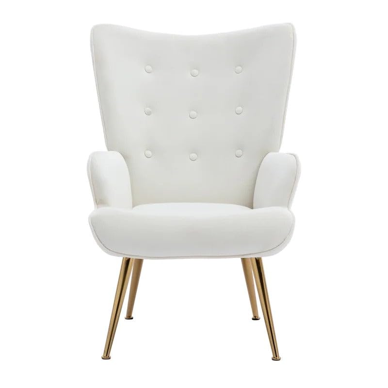 Image of Velvet Wingback Accent Chair for Living Room | Luxury High Back Tufted Armchair with Glossy Metal Legs | Modern Velvet Upholstered Lounge Chair for Home & Office | 1 Pc (White)