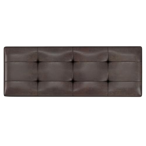 SIMPLIHOME Shay 48 inch Wide Mid Century Modern Rectangular Storage Ottoman in Distressed Chestnut Brown Vegan Faux Leather, Assembled, For the Living Room, Entryway and Family Room