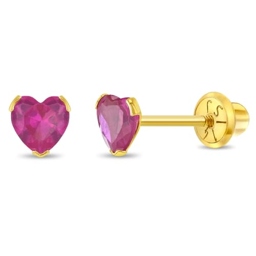 Image of In Season Jewelry CZ Birthstone Heart Kids Earrings - 14k Yellow Gold Earrings for Girls with Safety Screw Backs - Safe & Comfortable for Toddlers, Kids & Little Girls