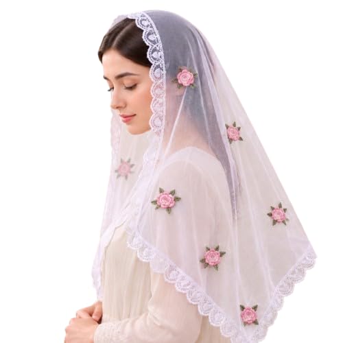 White Bridal Veil with Red Rose Floral Embroidery & Lace Border | Soft Tulle Wedding Veil for Bride | Church Chapel Veil | Christian Wedding Head Cover | One Layer Wedding Hair Accessory-image-23
