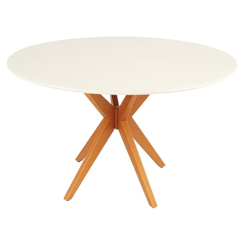 Mesa de Jantar Redonda Laqueada Tampo com Vidro Temperado Base Estrela em Madeira Maciça Mel (120 CM)