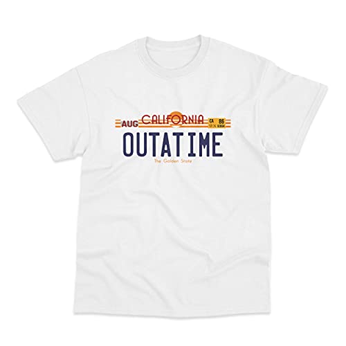 Image of Postees Outatime License Plate Direct to Garment Printed Cotton T-Shirt Large White