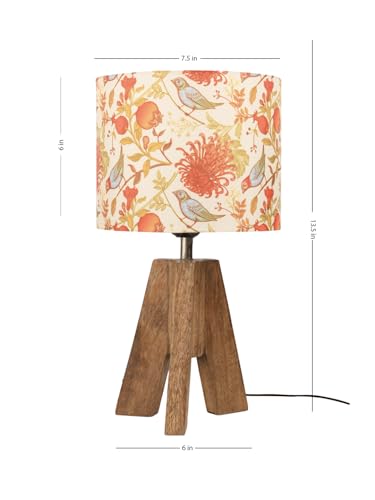 Image of Green Girgit Decorative Tri-Leg Stand Wooden Table Lamp with Brown Birdy Multicolor Shade Bedside & Reading Night Lamp for Bedroom, Living Room & Home Decor | Warm Ambient Light