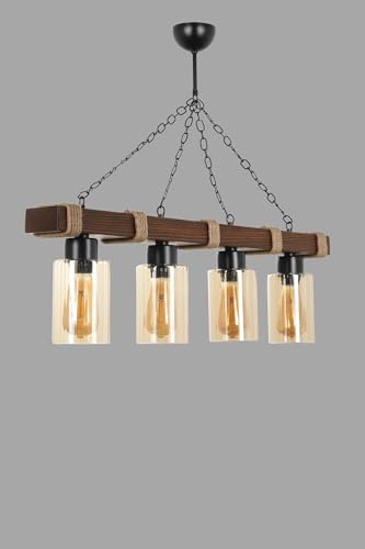 Lustre rustique industriel suspension bois verre jaune réglable E27 - 4
