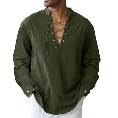 Men's Cotton Linen Shirt Button Arm Tops Medieval Viking Pirate Renaissance Halloween Costume Army green L