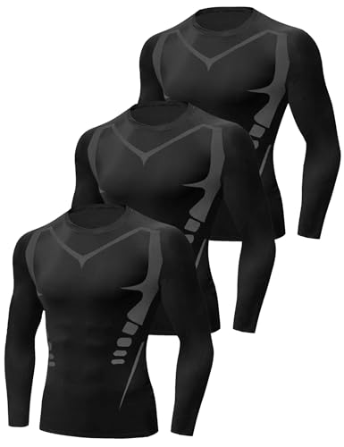 Terecey Camiseta de Compresión de Manga Larga para Hombre, Camiseta Deportiva de Hombre Transpirable, Ropa Running Hombres Camisa de Compresión Cuello Redondo