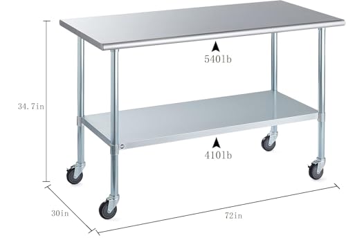 Image of ROCKPOINT Stainless Steel Table for Prep & Work with Caster Wheels 30x72 Inches, NSF Metal Commercial Kitchen Heavy Duty Table with Adjustable Under Shelf and Table Foot for Restaurant, Home and Hotel