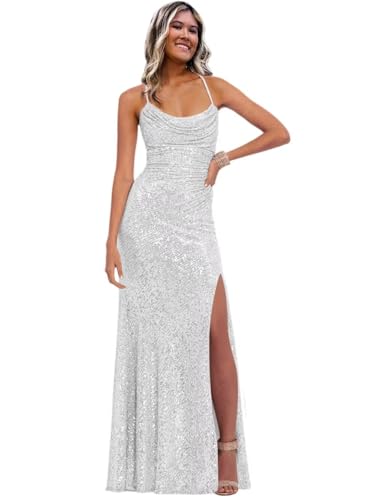 Image of Stylefun Women's Halter Mermaid Prom Dresses with Slit Long Sequin Formal Cocktail Party Dress STN027