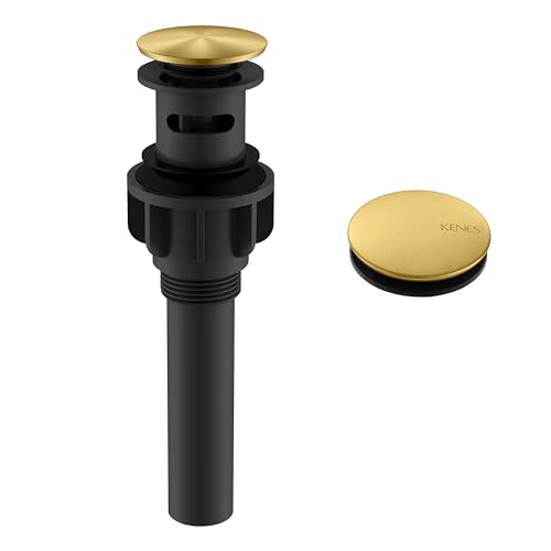 KENES Brushed Gold Pop Up Bathroom Sink Drain with Overflow Bathroom Sink Drain Assembly with Strainer Pop Up Drain Lavatory Bathroom Vanity Sink Pop Up Drain Stopper
