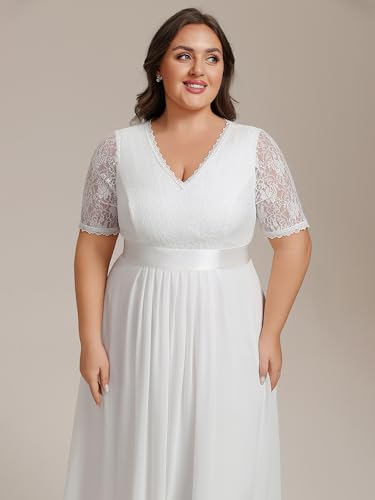 Image of Ever-Pretty Women's V Neck Pleated A Line Lace Chiffon Half Sleeves Midi Plus Size Cocktail Wedding Guest Dresses White US22