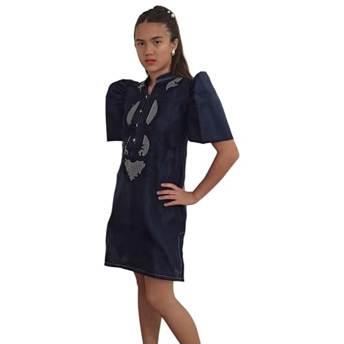 Filipiniana Shandy Dress with Embroidered Detail (US, Alpha, Large, Regular, Regular, Dark Blue)