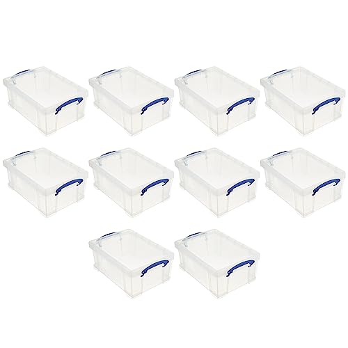 Image of Really Useful Box Stackable 9 Liter Plastic Storage Container, 10 Pack | Bin with Snap Lid & Built-In Clip Lock Handles for Home & Office Organization