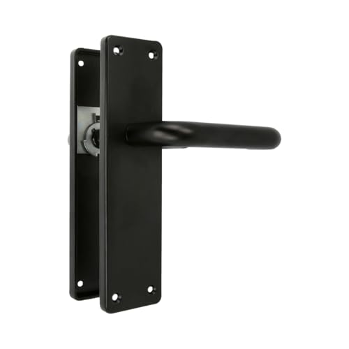 Amig - Juego de dos Manillas con placa - Maneta para puerta de interior o exterior - Sin bocallave - Aluminio - Color Negro - 139 x Ø19 mm - Medidas: 222x55x10mm
