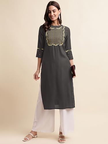 Image of MIRCHI FASHION Women's Straight Fit Rayon Sequins Embroidered and Polka Dots Printed Kurti Only