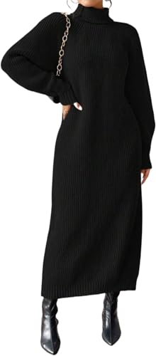 JNBFCDY Suéter de Invierno para Mujer de Talla Grande Manga Larga Cuello de Tortuga Vestido de Punto Holgado Pullover Vestido Maxi Acampanado Suéter, Negro, XL