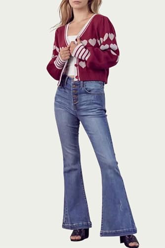 Image of Valentine's Day Cardigan Sweaters for Women Love Heart Print Button Down Cropped Cardigans Y2K Open Front Knit Sweater