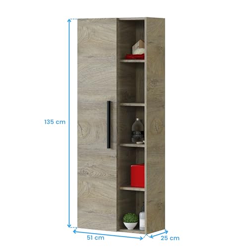 ARKITMOBEL - Columna de Baño Suspendida Grande con 1 Puerta y 7 Estantes, Armario Auxiliar para Baño, Color Roble Alaska, 135x51x25 cm - Modelo Athena - imagen 3