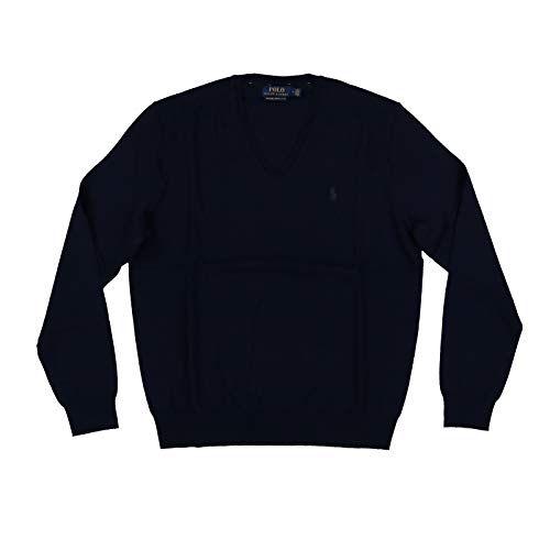 Polo Ralph Lauren Mens Washable Merino Wool Vneck Sweater Navy Blue Large