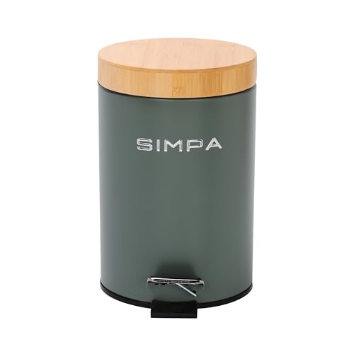simpa 3L 3 Litre Matt Green Slim Soft-Closing Pedal Dustbin with Bamboo Lid