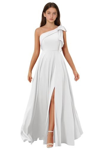Satin Junior Bridesmaid Dresses for Teen Girls One Shoulder Flower Girl Dress with Bow Slit Girls Formal Dresses