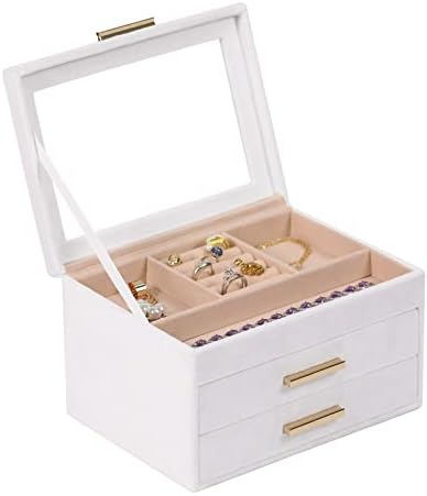 EZDeco Jewelry Box for Women Girls, 3-Layer Velvet Jewelry Organizer with Lid, 2 Drawers Jewelry Storage Case Display Earrings Bracelet Necklace Rings