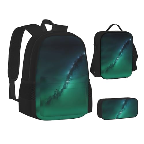 Galaxy Green Print 3 Piece Set Backpack, Lunch Bag, Pencil Case, Cute Sturdy For College And Travel2
