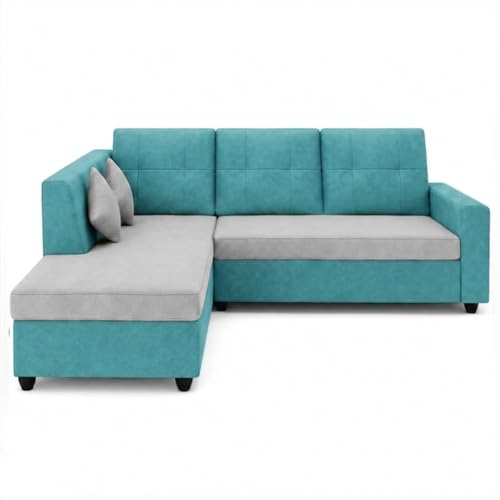 Image of FURNY Nathan 4 Seater L Shape Sofa Set LHS (Sky Blue-Light Grey) | Suede Velvet Finish | Durable Comfort Sofa for Modern Living Room & Office Spaces