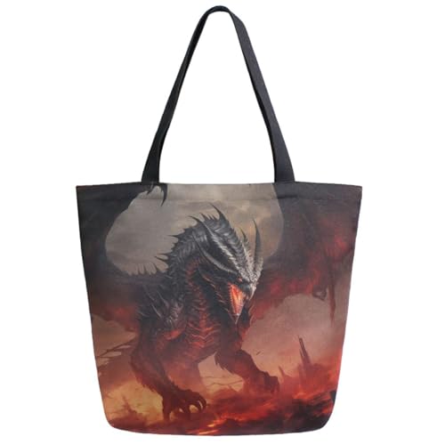 Stylish Extra Large Shoulder Grocery Tote Bag, Cool Black Dragon with Red Eyes Fantasy Canvas Daily Handle Bag for Gym Weekender Beach Travel Kitchen Reusable Market Shopping