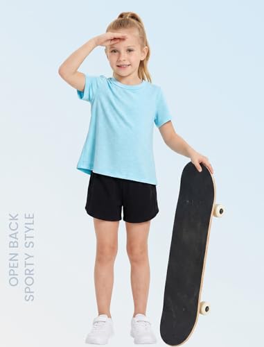 Wenlia Girls Athletic Shirts Short Sleeve Activewear Tops Back Slit Sports T Shirts for Running Tennis, Blue, 5-6 Years, 120 — view 4