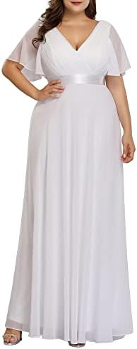 Ever-Pretty Plus Size Double V-Neck Short Sleeve Elegant Cocktail Evening Gown for Women Formal White US16