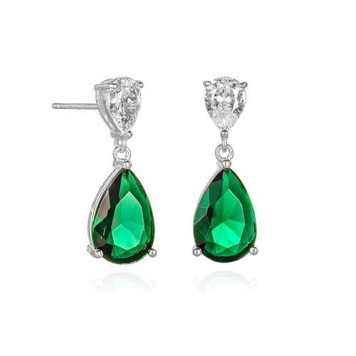 Image of Diamond Treats Emerald Green 925 Sterling Silver Teardrop Dangle Earrings With Green Cubic Zirconia Stones