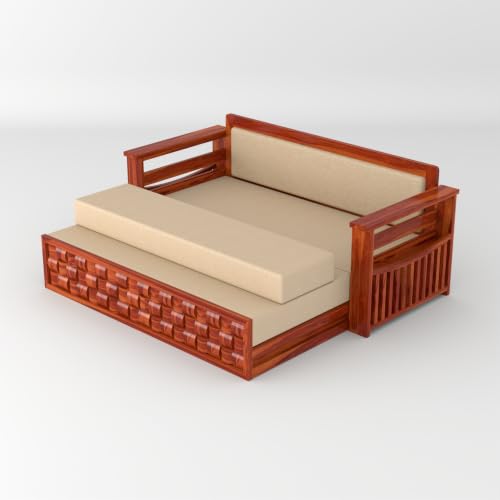 Image of Solid Sheesham Wood Sofa Cums Bed with Mattress & Storage | Rosewood Convertible Sofa Bed for Living Room & Bedroom (G-Honey Finish, 3 Seater)