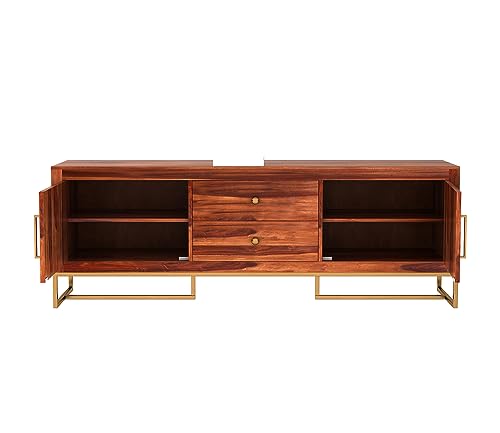 Image of Premium Solid Sheesham Wood TV Unit with 2 Drawers, 4 Shelves, and 2-Door Storage - Accommodates up to 65-Inch TV - Ideal for Living Room (Asher, Honey Finish)