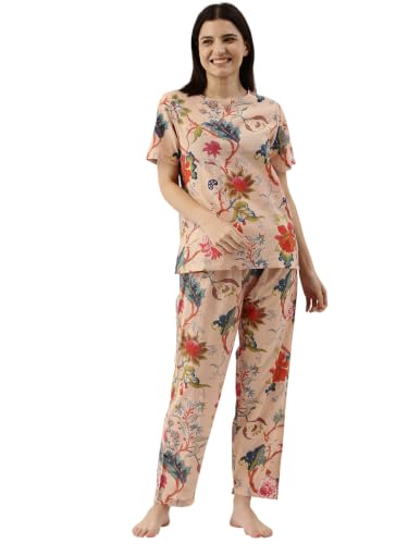 Image of SANSKRUTIHOMES Women's Premium 100% Cotton Printed Co-Ord Set | Short Sleeve Shirt & Pant Set | Pink Checkered Sun & Palm Tree Print | Casual Summer Resortwear, Vacation Wear & Comfortable Loungewear