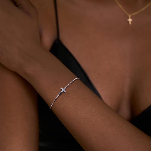 18K Gold Plated Sideways Cross Bracelets for Women Adjustable Stainless Steel Small Cross Chain Charm Faith Jewelry Religious Minimalist Gift4