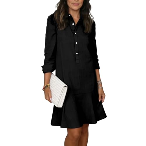 QXE Womens White Cotton Linen Dresses Casual Button Down Shirt
