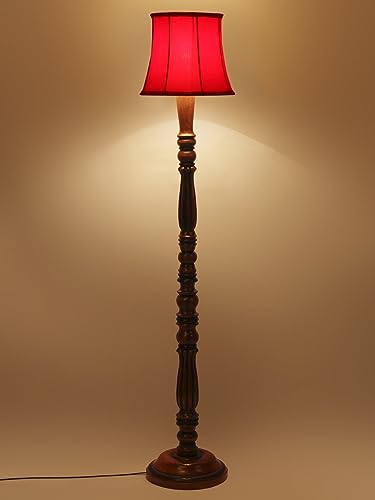 Image of Cylindrical Drum Floor Lamp with Wooden Base - Height 57 Inches, Red | Modern Standing Lamp for Home, Living Room, Bedroom & Office | Elegant Lighting Decor | Cotton
