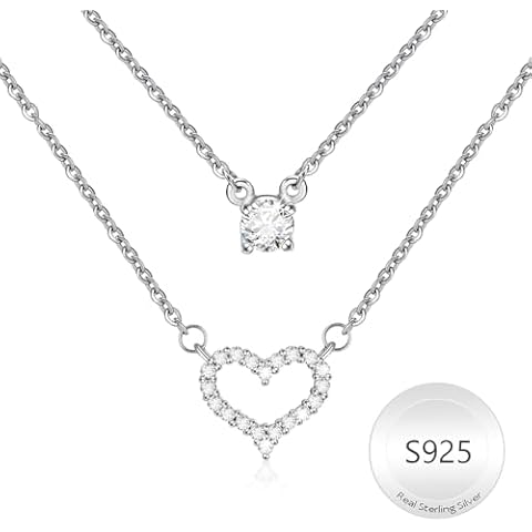 Juvux 925 Sterling Silver Layered Necklace, S925 Dainty Heart Pendant Necklaces for Women, Cute Silver Layered Choker Necklace Jewelry Gifts for women Mother Grandma Birthday Mother's Day Cover
