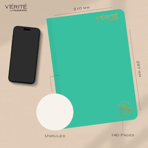 Image of Lay Flat Binding Longbook - Verite by Classmate Ideal for School Students, Persian Green Color, A4 Size, Unruled, Thick Premium 140 Pages with Low Ink Bleed for Smooth Writing Experience