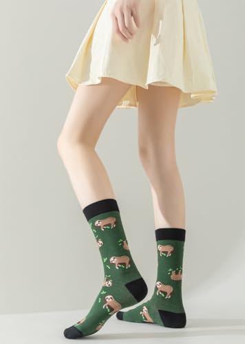 Image of 5 Pairs Cute Animal Crew Socks Fun Casual Cotton Calf Socks for Women (US, Alpha, One Size, Regular, Regular, Sloth)