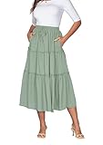 DREFBUFY Women's Boho Elastic High Waist A Line Ruffle Swing Beach Maxi Skirt with Pockets (Green, Small)