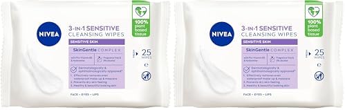 NIVEA Sensitive Biodegradable Cleansing Wipes (50 Pack) | For Sensitive Skin | Removes Waterproof Makeup | Alcohol Free | Provitamin B5 Gently Soothes Skin | Daily Facial Wipes