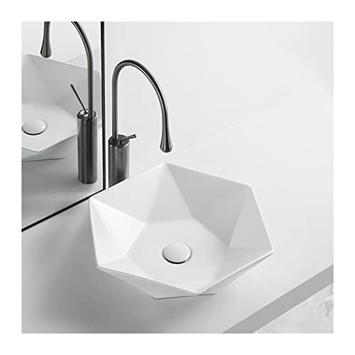 Lavabo de salle de bain hexagonal en céramique blanche compacte avec robinet et bonde - 2