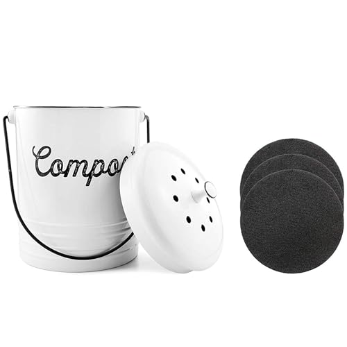 AuldHome Design Kitchen Compost Bin for Countertop 13 Gallon Composting Bucket with Lid Includes 3 Charcoal Filters White Enamel