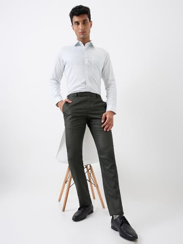 Image of Raymond Men Slim Fit Solid Pattern Poly Viscose Blend Flat Front Formal Trouser